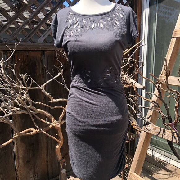 Maje Lace Mesh Eyelet Charcoal Bodycon Dress - Picture 13 of 14
